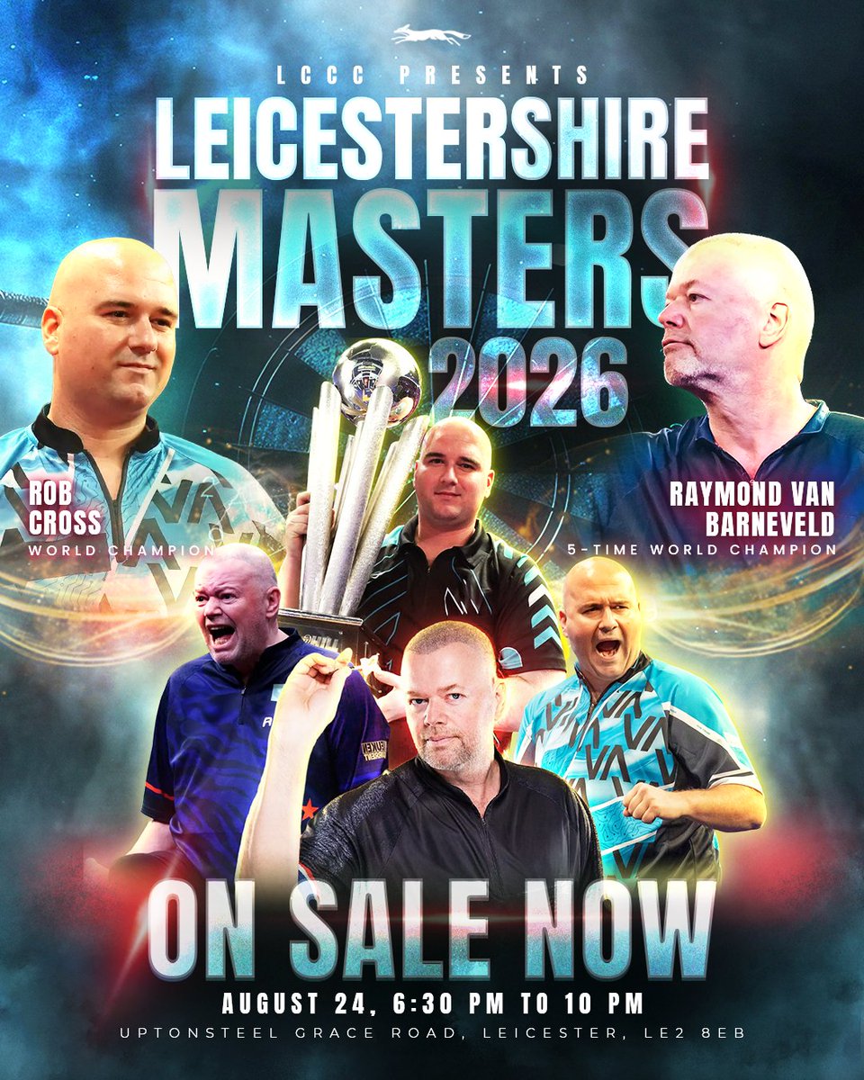 leicsccc's tweet photo. The Masters are coming to Uptonsteel Grace Road!

Witness darting royalty take to the stage this August as World Champion @robcrossdarts and five-time World Champion @raybar180 headline Leicestershire Masters 2026.

🔥 Big names
🎯 World-class darts action
📅 Monday 24 August

🎟️ Tickets are on sale NOW –https://t.co/aTD6AdYPV9