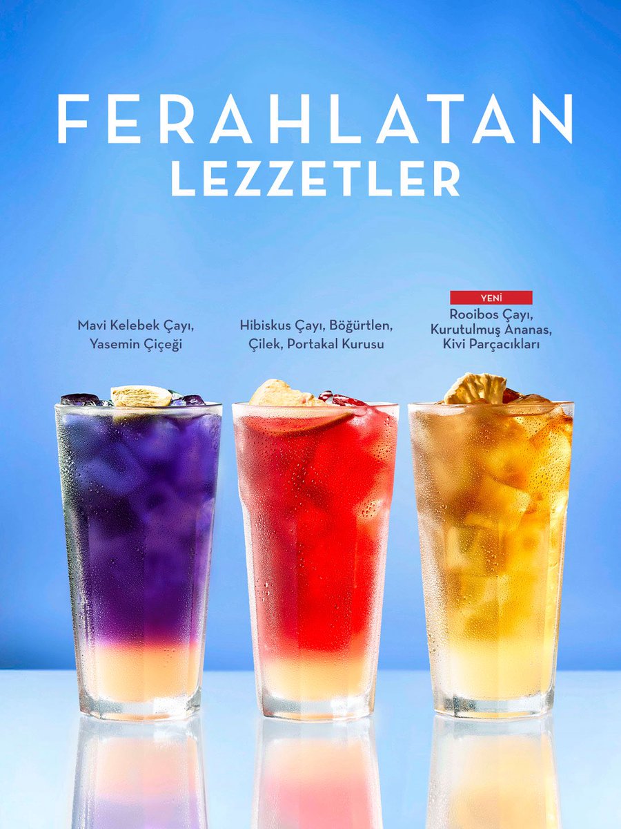 Caffe_Nero_Tr's tweet photo. Yaz sıcaklarına renk ve ferahlık katmaya hazır mısın? 🧊🌈

🦋 Mavi Kelebek Çayı, Yasemin Çiçeği
🍓Hibiskus Çayı, Böğürtlen, Çilek, Portakal Kurusu
🍍*YENI* Rooibos Çayı, Kurutulmuş Ananas, Kivi Parçacıkları

Üstelik 20 Temmuz - 2 Ağustos tarihleri arasında tüm Iced Tea & Lemonade çeşitleri +3 Bonus Damga kazandırıyor!