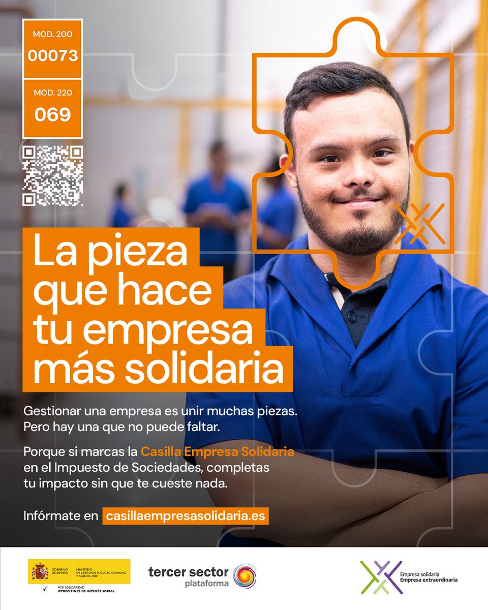 FIAPAS's tweet photo. Gestionar una empresa es unir muchas piezas: innovar, liderar equipos, equilibrar presupuestos y crecer. Pero tu impacto solo estará completo cuando añadas la pieza que hace tu empresa más #sostenible. 🧩

Del 1 al 25 de julio, marca la @CasillaEmpresa Solidaria en el Impuesto de Sociedades y destina el 0,7% de tu tributación a proyectos sociales sin coste adicional.

Además, podrás solicitar el Sello Empresa Solidaria, un distintivo de la @Plataforma3sect que reconoce y visibiliza el compromiso social de tu empresa.

🔗Lee la noticia completa: https://t.co/rRB1YvFb5V

#LaPiezaQueCompletaTuEmpresa #CasillaEmpresaSolidaria #EmpresaSostenible