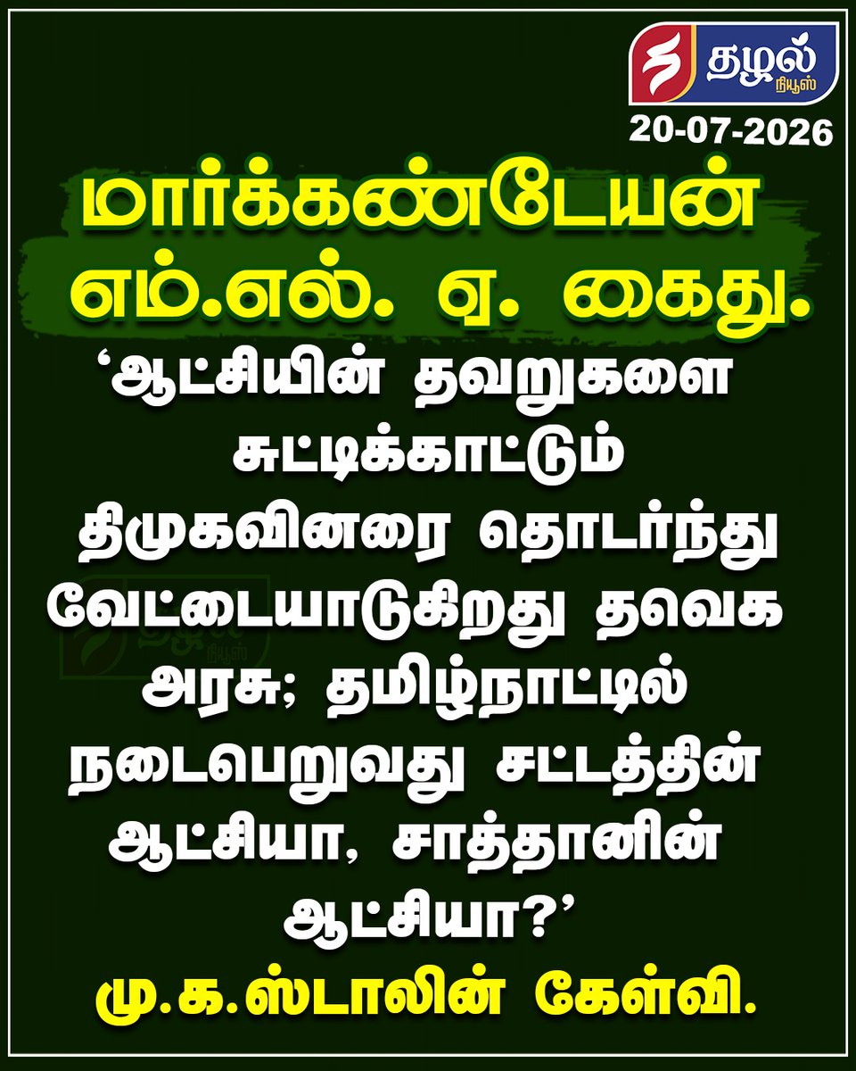 ThazhalNews's tweet photo. கைது - ஸ்டாலின் கண்டனம்!
#MarkandeyanArrest | #MKStalin | #CMVijay | #TVKGovernment | #DMKVsTVK | #Thoothukudi | #ThazhalNews | #தமிழகஅரசியல் https://t.co/QA8n8JElyG