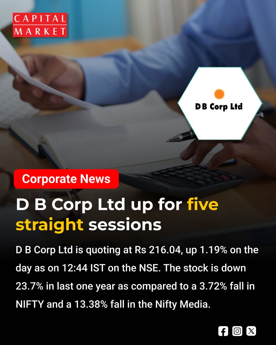 CapitalMarket17's tweet photo. D B Corp Extends Winning Streak to Five Straight Sessions
https://t.co/wyCgzDyy3W
#DBCorp #StockMarket #IndianStockMarket #ShareMarket #Stocks #StockMarketNews #EquityMarket #MarketUpdate #Investing #Trading #Investors #BSE #NSE #DalalStreet #BusinessNews #FinancialMarkets #Stock https://t.co/rnrzHjm4EW