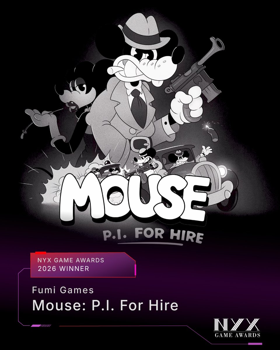 nyxgameawards's tweet photo. 𝟐𝟎𝟐𝟔 𝐖𝐢𝐧𝐧𝐞𝐫 𝐇𝐢𝐠𝐡𝐥𝐢𝐠𝐡𝐭 🎮
Mouse: P.I. For Hire by Fumi Games
Winner's Page: https://t.co/k22iyx1YkS
🔗 Link in bio for details
#NYXGameAwards #GameAwards #BestDeveloper #GameDevelopment #GameStudio #GamingInnovation #CreativeGaming #InteractiveEntertainment #GameDesign #DeveloperExcellence #GamingIndustry #GameCreators
