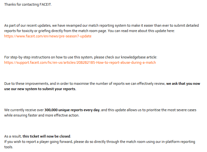 IDarkShooter's tweet photo. The old @FACEITcs reporting system worked way better.

Manual tickets with evidence attached took about two weeks and usually led to action. Now, even detailed reports with marked rounds, screenshots, and a video often lead nowhere, even for obvious cases like refusing to defuse. https://t.co/2H3iJFGhwt
