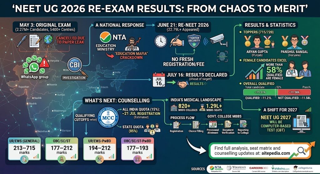 Aitepedia's tweet photo. NEET UG 2026 has finally reached a turning point. From the paper leak and exam cancellation to the re-exam, results, cutoffs, and what's next in counselling—here's the complete timeline every medical aspirant should know.

🔗 https://t.co/rSqXKi05tC

#NEETUG2026 #NEET #NTA #MBBS https://t.co/hAGdV1s4Lm