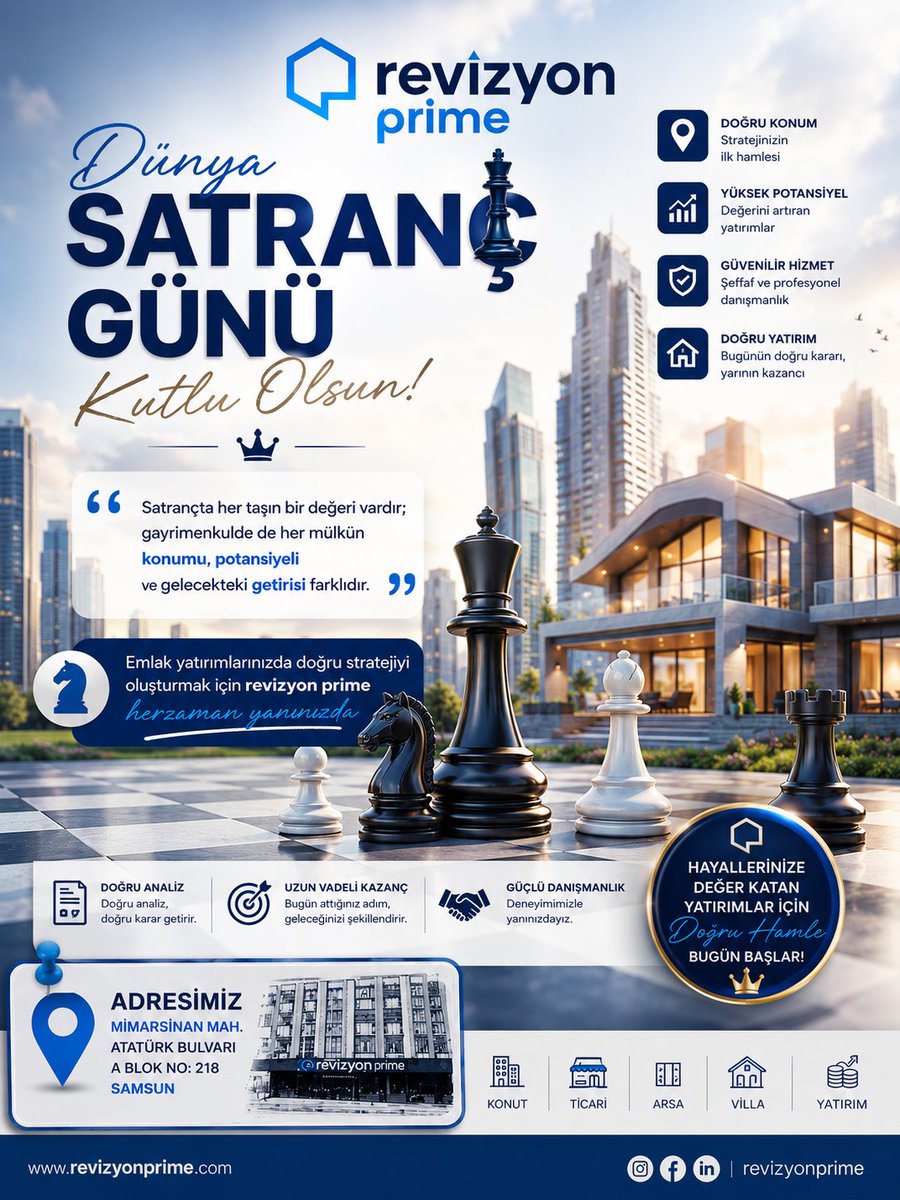 mutluhasanh's tweet photo. ♟️ Başarı, doğru zamanda yapılan doğru hamlelerle şekillenir♟️💙 

Satrançta her taşın ayrı bir değeri olduğu gibi, gayrimenkulde de her mülk; konumu, potansiyeli ve gelecekte sağlayacağı değer ile birbirinden farklıdır. 

#samsun #emlak #atakum #gayrimenkul #dünyasatrançgünü https://t.co/Hl44OwjxR4