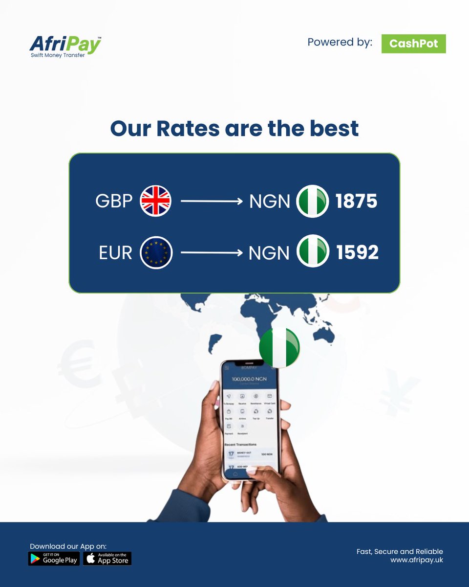 Afripay_Uk's tweet photo. Swipe to see today’s rate and make your next transfer count.
Download the AfriPay app through the link in our bio and start sending money home with confidence.
#AfriPay #BetterRates #TodaysRate #SendMoneyHome #EuropeToAfrica https://t.co/XmEOEmJn5E