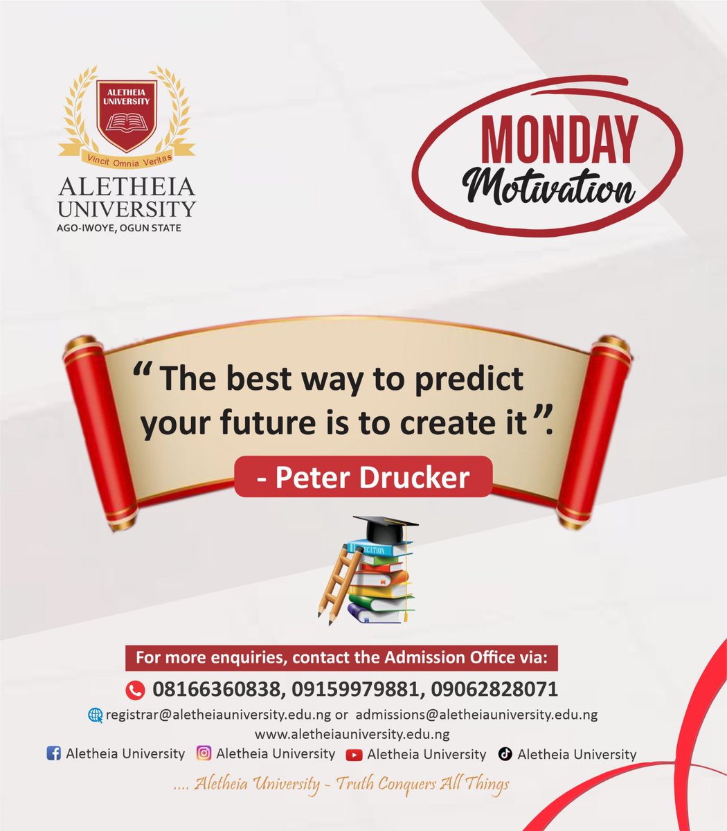 uni_aletheia's tweet photo. Your future is not something that happens by chance - it is something you build through intention, effort, and determination.

Every decision you make today, every lesson you learn, and every challenge you overcome is shaping the future you desire.

Take charge, stay committed, and create the future you envision.

...Aletheia University – Truth Conquers All Things

#AletheiaUniversity #MondayMotivation #CreateYourFuture #StudentSuccess #AcademicExcellence #FutureLeaders #MotivationMonday #SuccessMindset #EducationForLife #DreamBig