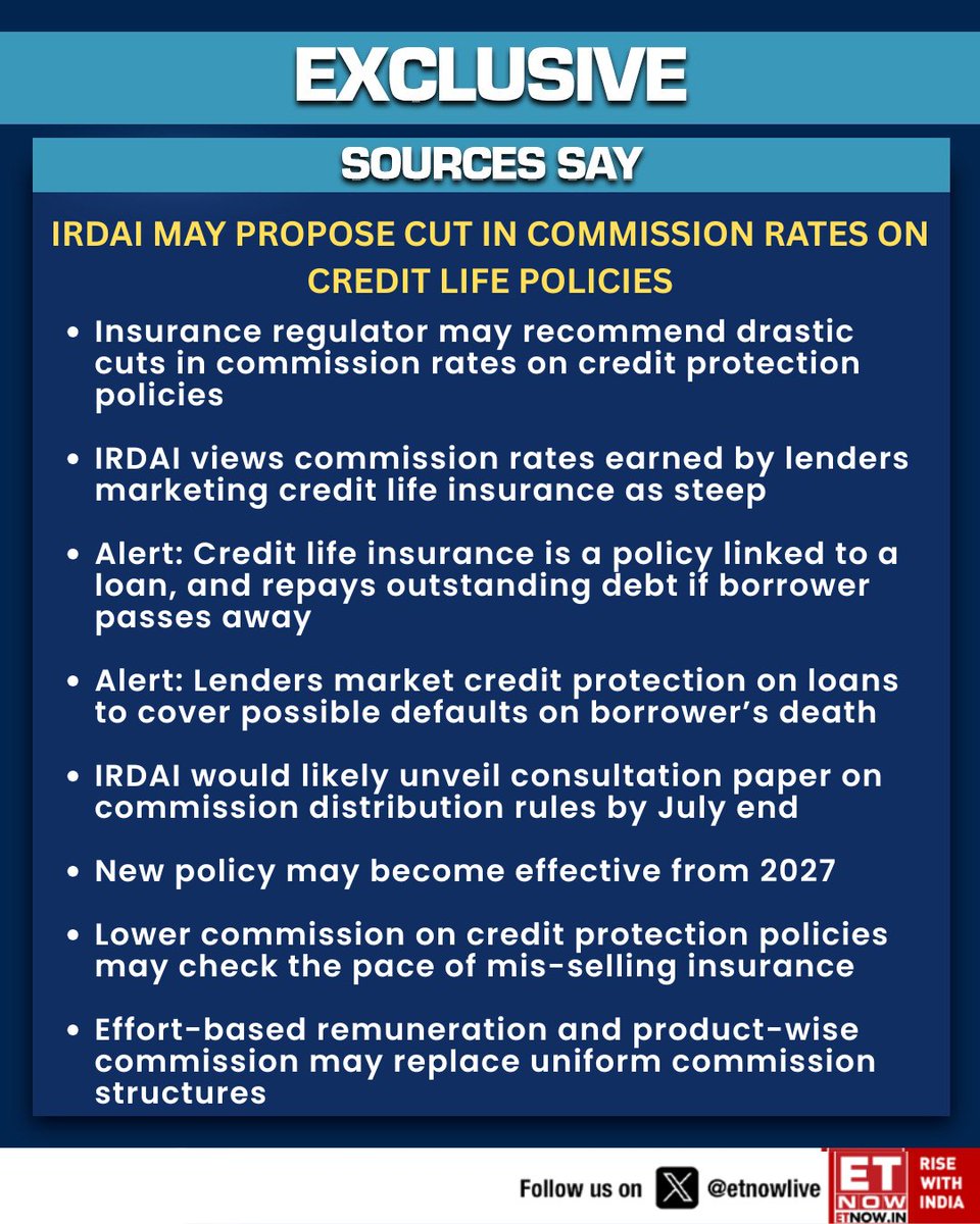 ETNOWlive's tweet photo. #SourcesSay | IRDAI may propose a sharp cut in commissions on credit life insurance policies to curb mis-selling and revamp payout structures
#Insurance #IRDAI #Finance @anuragshah_ https://t.co/Gqq3AbHJDF