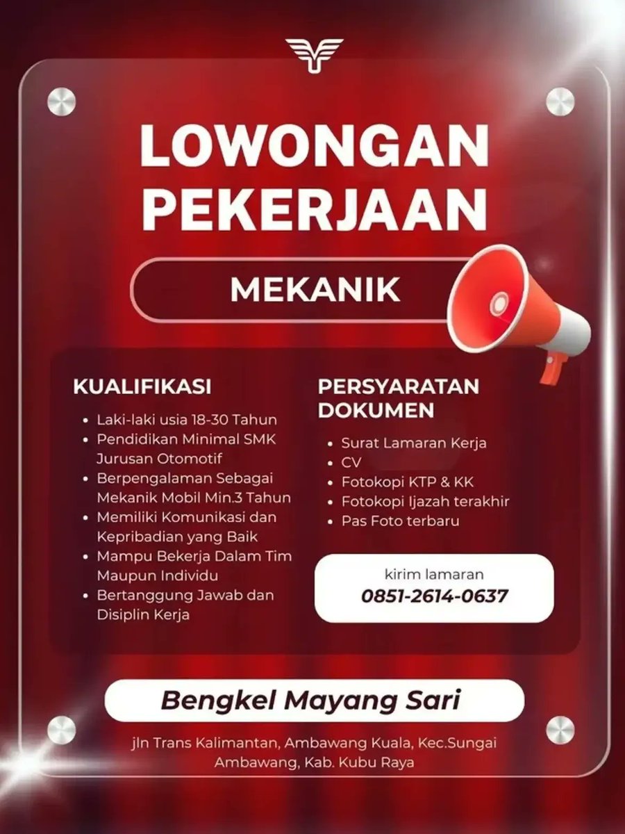 lowkerptk3's tweet photo. 🔧 Lowongan Kerja Kubu Raya 🔧

Bengkel Mayang Sari membuka kesempatan bergabung untuk posisi Mekanik.

📍 Lokasi kerja: Jl. Trans Kalimantan, Ambawang Kuala, Kec. Sungai Ambawang, Kab. Kubu Raya. https://t.co/4SLshdauxc