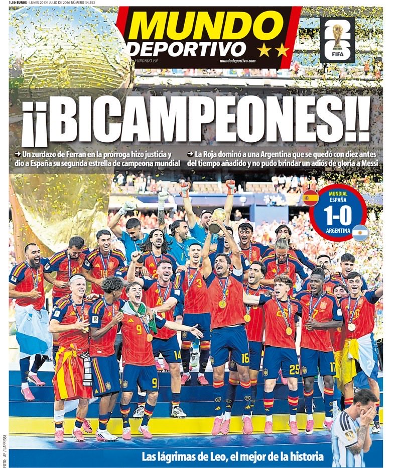 EFEdeportes's tweet photo. 📰 ¡Buenos días! La segunda estrella mundial conquistada por España protagoniza las portadas de la prensa deportiva española de hoy, 20 de julio. #FelizLunes https://t.co/VXtF3A388F