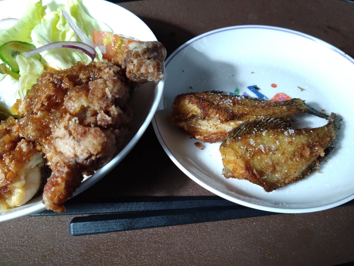 kogeteru_brown's tweet photo. 釣れた魚は唐揚げにしました。ついでに作った鶏の唐揚げが主役になっちまったえ…！ https://t.co/ZCo1LUpegM