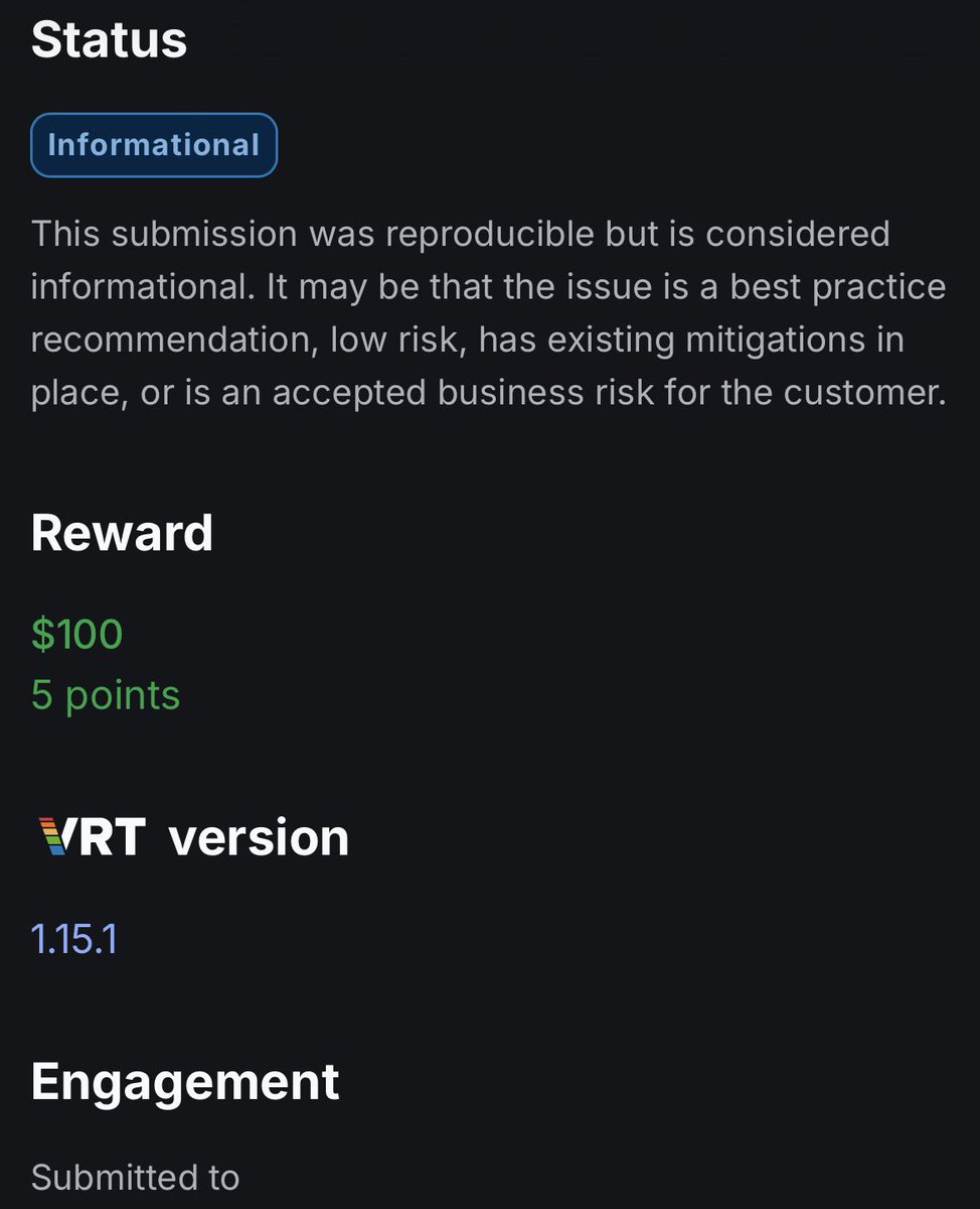 shreerajaput's tweet photo. Another one!
$100 for an Informational finding.
Appreciate programs that recognize every valid report, not just high-severity bugs.
#BugBounty #Bugcrowd #CyberSecurity #EthicalHacking #SecurityResearch #AppSec #InfoSec #ResponsibleDisclosure #OWASP #BugBountyHunter https://t.co/CfG0DxE2Zu