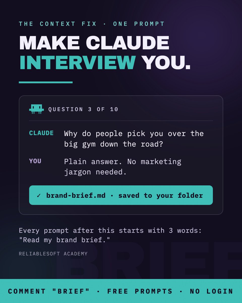 ReliablesoftNet's tweet photo. If you don't want Claude to give you generic marketing fluff, do this.

Use Claude Cowork, create a new folder for your marketing and then let Claude interview YOU.

Comment "BRIEF" and I'll DM it to you. https://t.co/9TBivUArKu