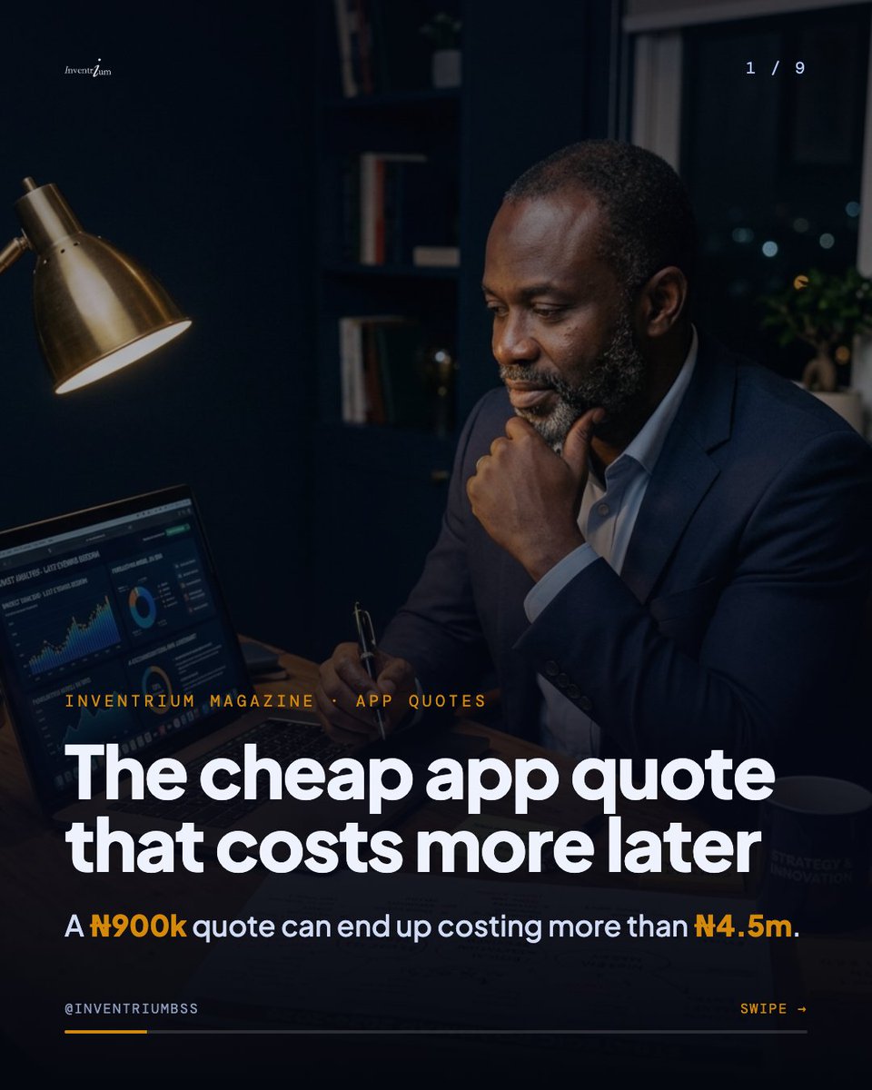Inventrium's tweet photo. Founders often compare app quotes by price.

They should compare them by assumptions.

A quote that hides platform choice, backend, maintenance, hosting, store fees, and source-code ownership is not cheaper.

It is unfinished.

https://t.co/gdoOv8YoYf https://t.co/fna4qN621d
