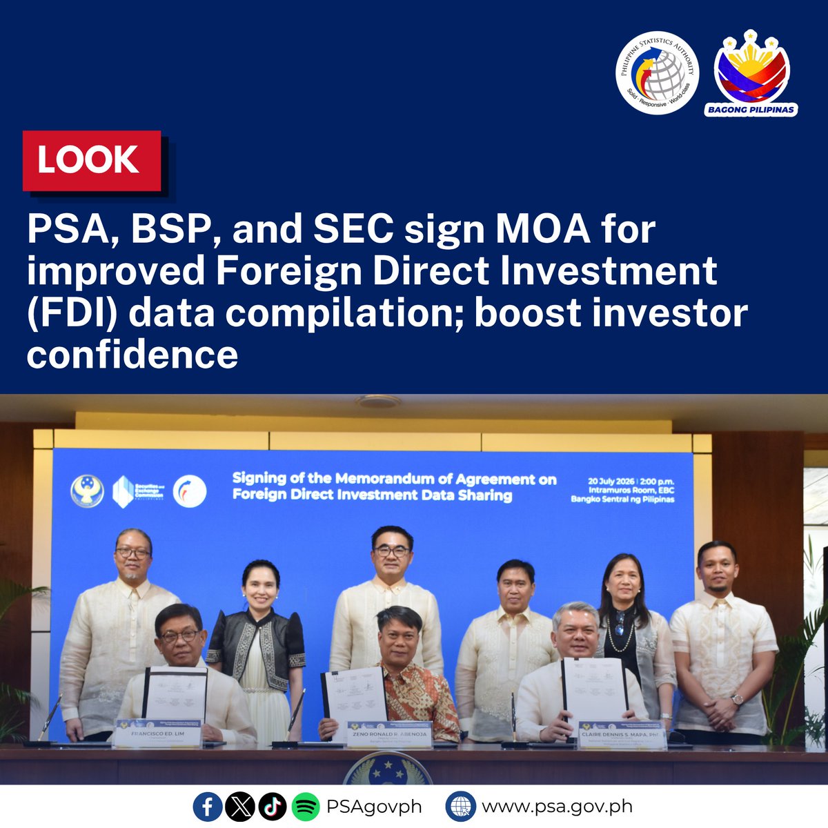 PSAgovph's tweet photo. [1/6]
LOOK | PSA, BSP, and SEC sign MOA for improved Foreign Direct Investment (FDI) data compilation; boost investor confidence https://t.co/Yt3P21cSmu
