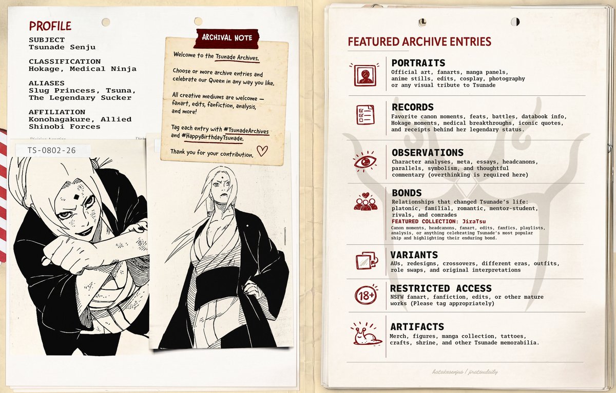 hatakesenjus's tweet photo. ♦️ OFFICIAL NOTICE ♦️

To commemorate Tsunade’s birthday, The Tsunade Archives will be open from August 1–5.

Choose one or more archive entries and contribute through any creative medium. Tag your posts with #TsunadeArchives and #HappyBirthdayTsunade

See below for more info. ♥️ https://t.co/DjREUamfCU