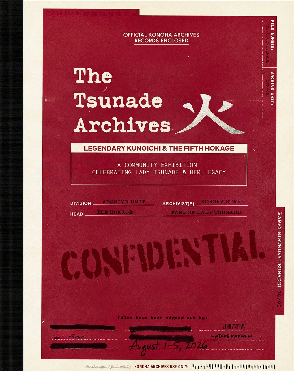 hatakesenjus's tweet photo. ♦️ OFFICIAL NOTICE ♦️

To commemorate Tsunade’s birthday, The Tsunade Archives will be open from August 1–5.

Choose one or more archive entries and contribute through any creative medium. Tag your posts with #TsunadeArchives and #HappyBirthdayTsunade

See below for more info. ♥️ https://t.co/DjREUamfCU
