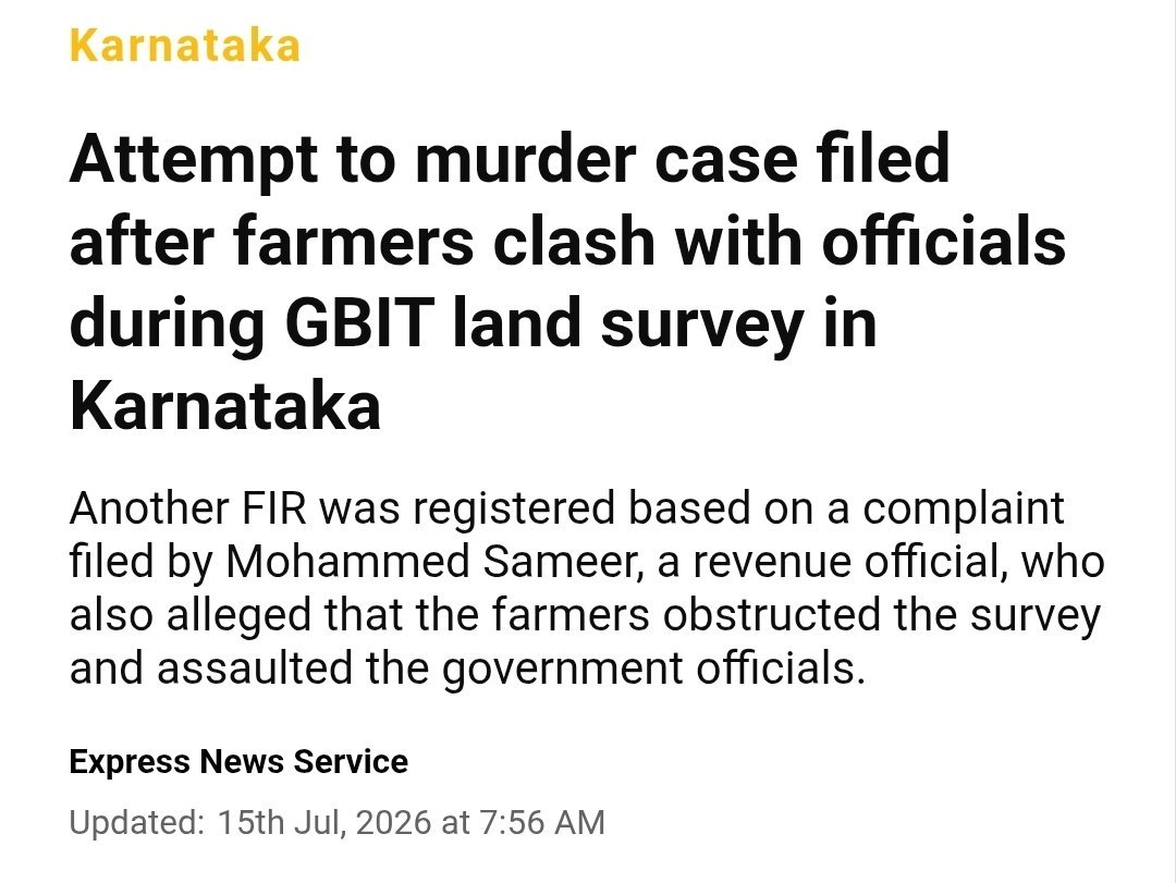 bykarthikreddy's tweet photo. Here is what Congress has done in Karnataka.

The govt has filed an "attempt to murder" case against farmers for defending their land. https://t.co/nrNAVb5RiG