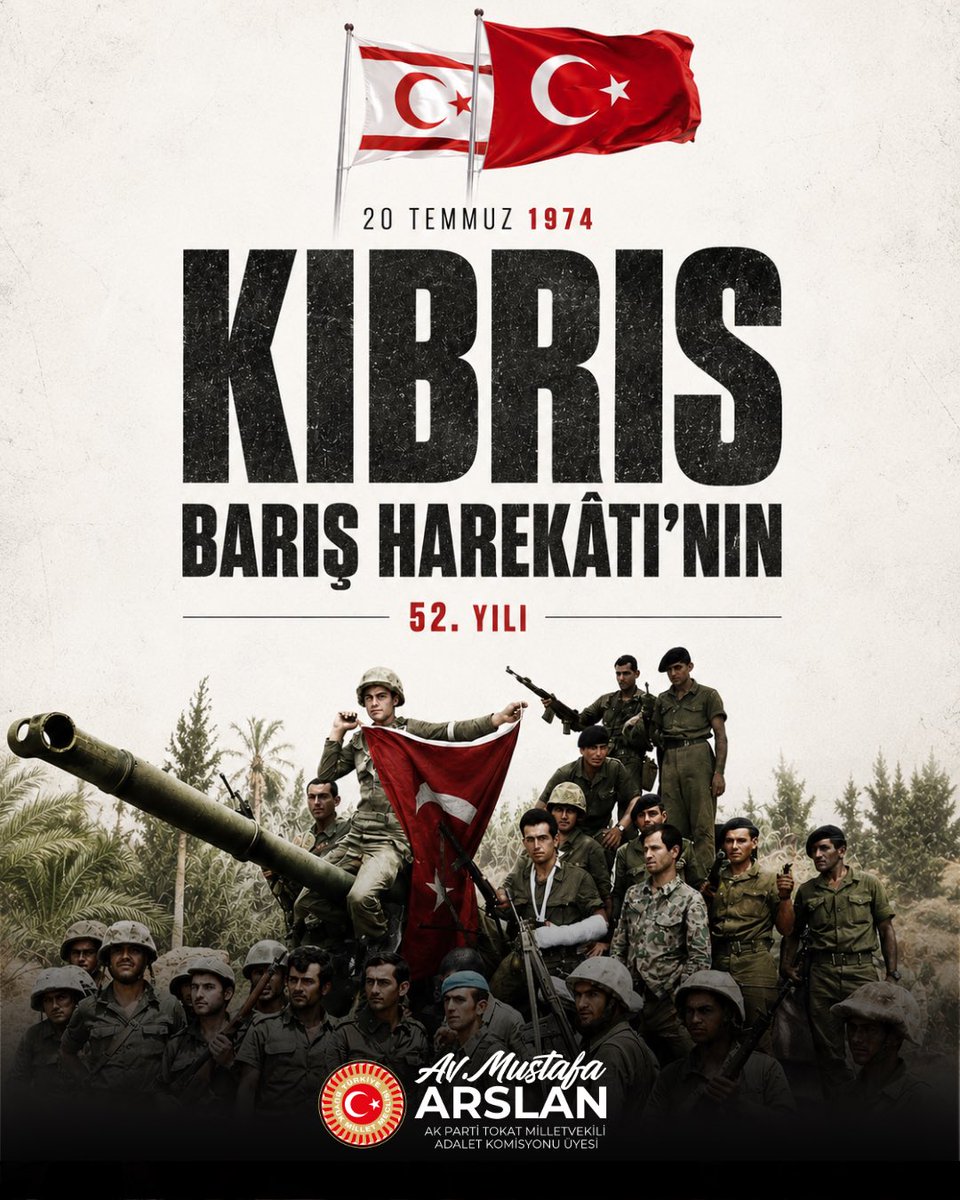 AvMustafaArslan's tweet photo. Kıbrıs Türkü’nün hürriyet ve varlık mücadelesini taçlandıran Kıbrıs Barış Harekâtı’nın 52. yıl dönümü kutlu olsun.

Yarım asırdır olduğu gibi bugün de Cumhurbaşkanımız Sayın Recep Tayyip Erdoğan’ın liderliğinde, Kuzey Kıbrıs Türk Cumhuriyeti’nin hak ve menfaatlerini savunmaya, Kıbrıs Türk’ünün yanında kararlılıkla durmaya devam edeceğiz.

Millî davamız uğruna canlarını feda eden aziz şehitlerimizi ve kahraman mücahitlerimizi rahmetle anıyor, gazilerimize minnetlerimizi sunuyorum.

#KıbrısBarışHarekatı