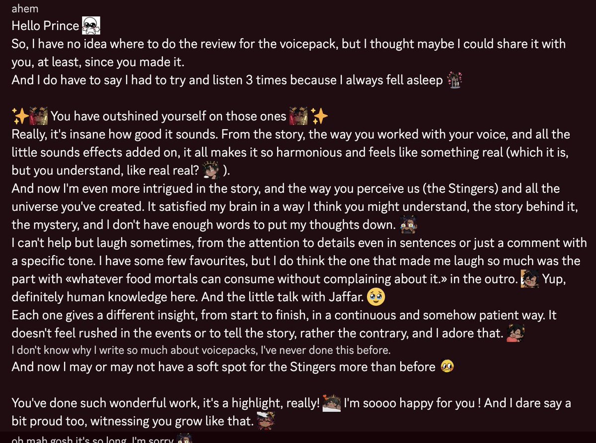 ZayanJinn's tweet photo. You had to listen three times because you kept falling asleep… so the sleep aid WORKS!

This is the first proper review I’ve received for the voicepack and knowing the story, sound design and stingers lore landed like this genuinely means everything to me 🖤

BRB CRYING! 😭 https://t.co/R4ZQPPaaO3