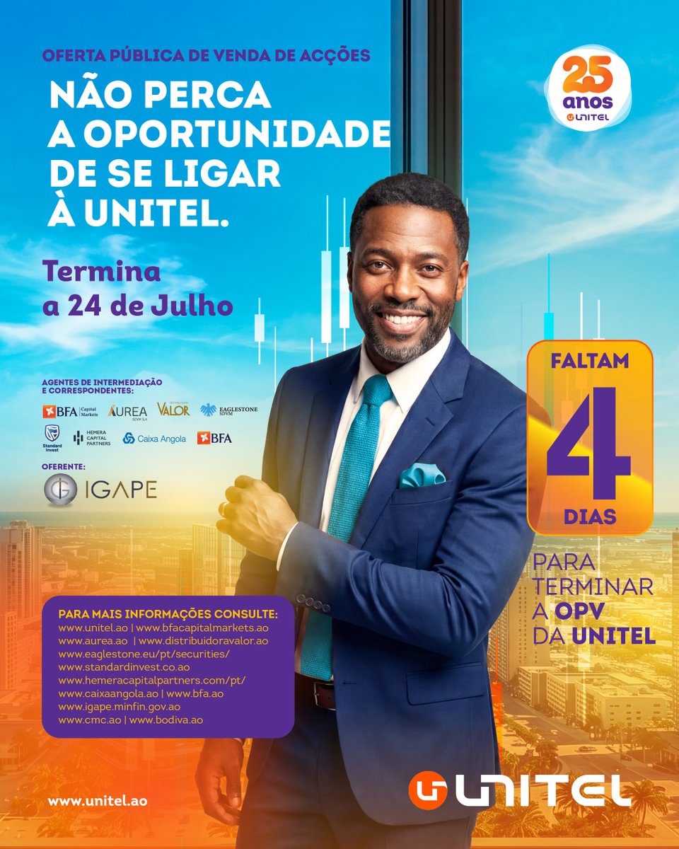 IGAPE_Angola's tweet photo. ⏳ Faltam 4 dias para o encerramento da #OPVUNITEL.
A UNITEL liga-o ao mundo. Ligue-se a esta oportunidade.
#UNITEL #MercadoDeCapitais https://t.co/8RtCW0WcnD