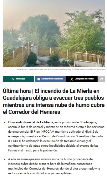 Guadared_info's tweet photo. 🚨 ÚLTIMA HORA | Incendio de #LaMierla (#Guadalajara)

🔥 El incendio forestal obliga a evacuar Hiendelaencina , Congostrina y San Andrés de Congosto y mantiene confinados Albendiego , Ujados , Cañamares , La Miñosa y Tordeloso .

🌲 La superficie afectada se estima ya en 26.000 hectáreas.

🌫️ Desde primera hora de la mañana, una intensa nube de humo cubre numerosos municipios del Corredor del Henares, con olor a quemado y menor visibilidad.

🚒 Operativo:
✈️ 2 medios aéreos
🚚 53 medios terrestres
👨‍🚒 278 efectivos

🚧 Carreteras cortadas : CM-1004 y GU-189, además de restricciones en varias vías de la provincia.

⚠️ No te acerques a la zona y sigue únicamente la información oficial.
👉https://t.co/my6Q7ZNew4  #Incendio #Guadalajara #INFOCAM #ÚltimaHora #CorredordelHenares