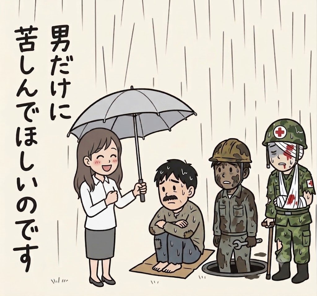 spit_flower's tweet photo. より正確にはこうでしょ。

女は、男女平等に支援されるのが許せない。

生理や出産の苦しみを男にも強要したがるくせに、徴兵や労災業務やホームレスの苦しみを強要されるのは断固として拒否する。

女だけが大切にされる社会を望むのが、女という性別だよ。 https://t.co/S7gQ2y9AFZ