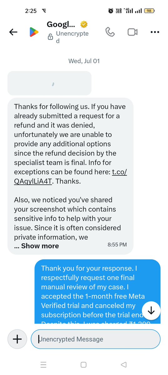 truthby_public's tweet photo. Scam fraud ,@GooglePlay @Meta @Instagram I'm stuck between Google Play and Meta. I was charged ₹1,399 for Meta Verified after a free trial and both companies keep directing me to each other. Please escalate my case to a human support team and help resolve this.  #CustomerSupport https://t.co/kw02HxMg3W