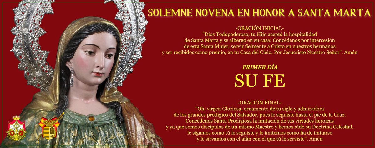 HdadSSantaMarta's tweet photo. NOVENA A LA GLORIOSA SANTA MARTA, PATRONA, PROTECTORA Y MEDALLA DE ORO DE LA VILLA DE LOS MOLARES. DEL 20 AL 28 DE JULIO. 2026

CONSIDERACIONES PARA EL PRIMER DÍA: SU #FE

Ejercicio completo del Primer día de la Solemne Novena:
https://t.co/QM01uS1Rk5 https://t.co/BrcsvGlbAB