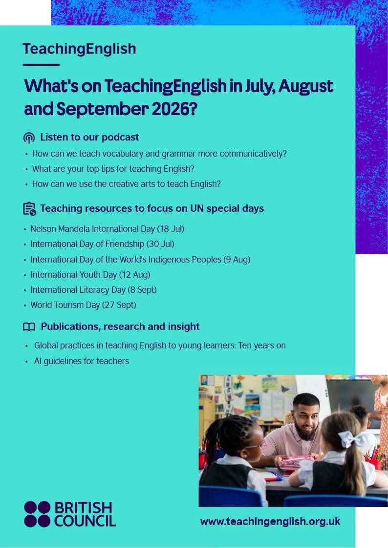 esBritish's tweet photo. English language teachers! Take a look at what our TeachingEnglish team have in store for you over the coming months 👇

All free resources.

Find out more: https://t.co/7pu4FwCrcs

#TeachingEnglish #BritishCouncil https://t.co/MXJZmOG8JN