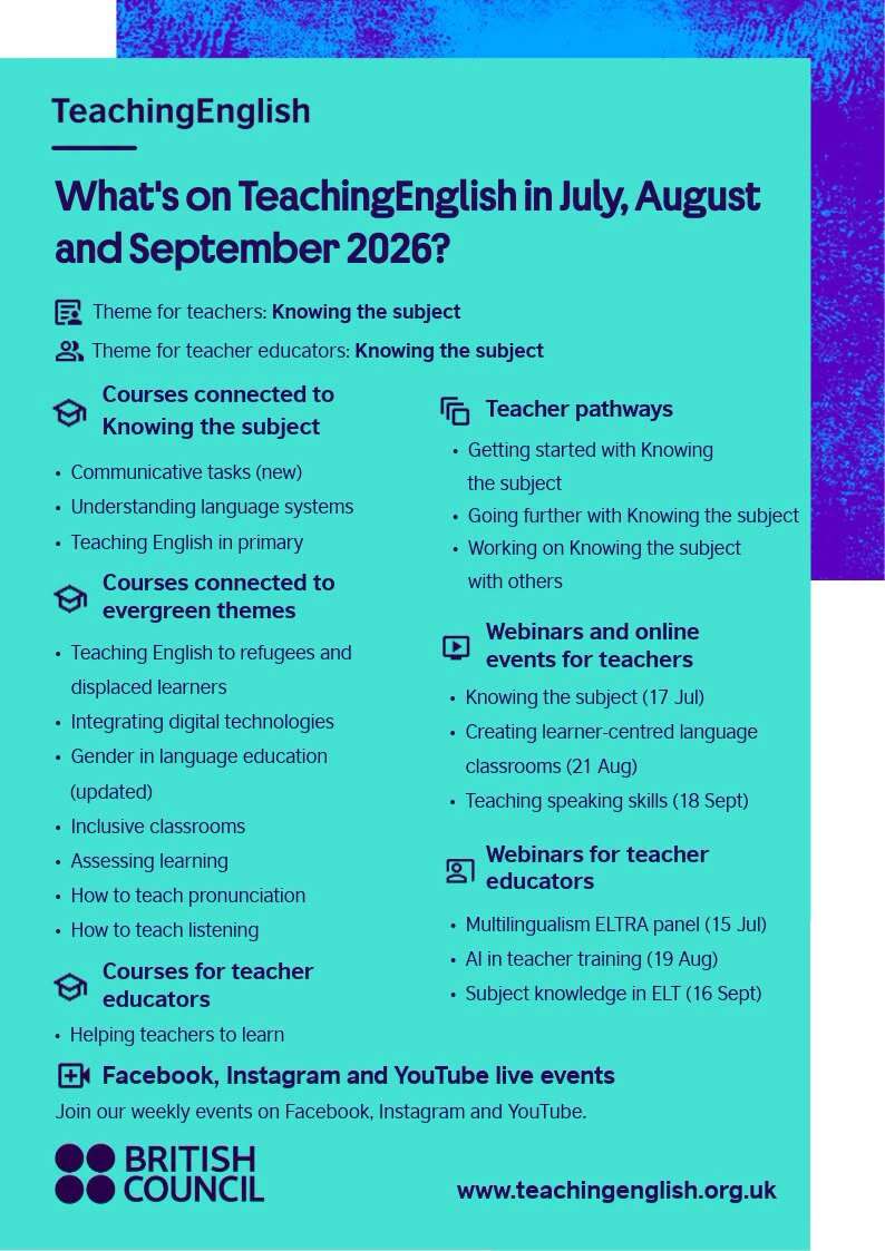 esBritish's tweet photo. English language teachers! Take a look at what our TeachingEnglish team have in store for you over the coming months 👇

All free resources.

Find out more: https://t.co/7pu4FwCrcs

#TeachingEnglish #BritishCouncil https://t.co/MXJZmOG8JN