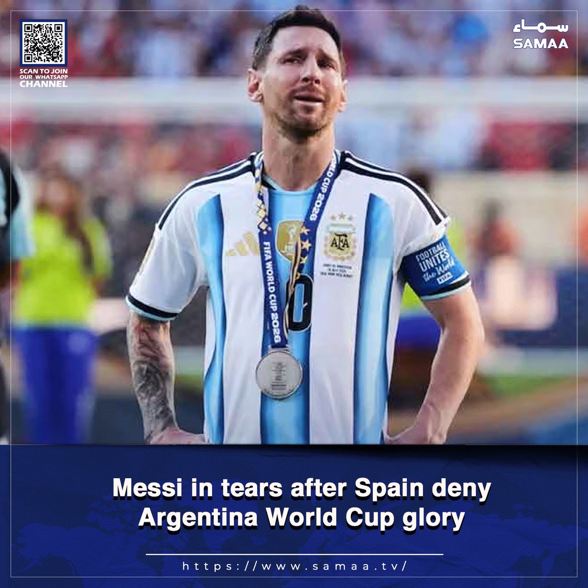 SAMAATV's tweet photo. Argentina captain leaves future uncertain after Spain’s victory ends defending champions’ title defence
Read more: https://t.co/ao3WlLU4Lo
#SamaaTV #LionelMessi #GraciasLeo #MessiTears https://t.co/jSbKRoyTlL