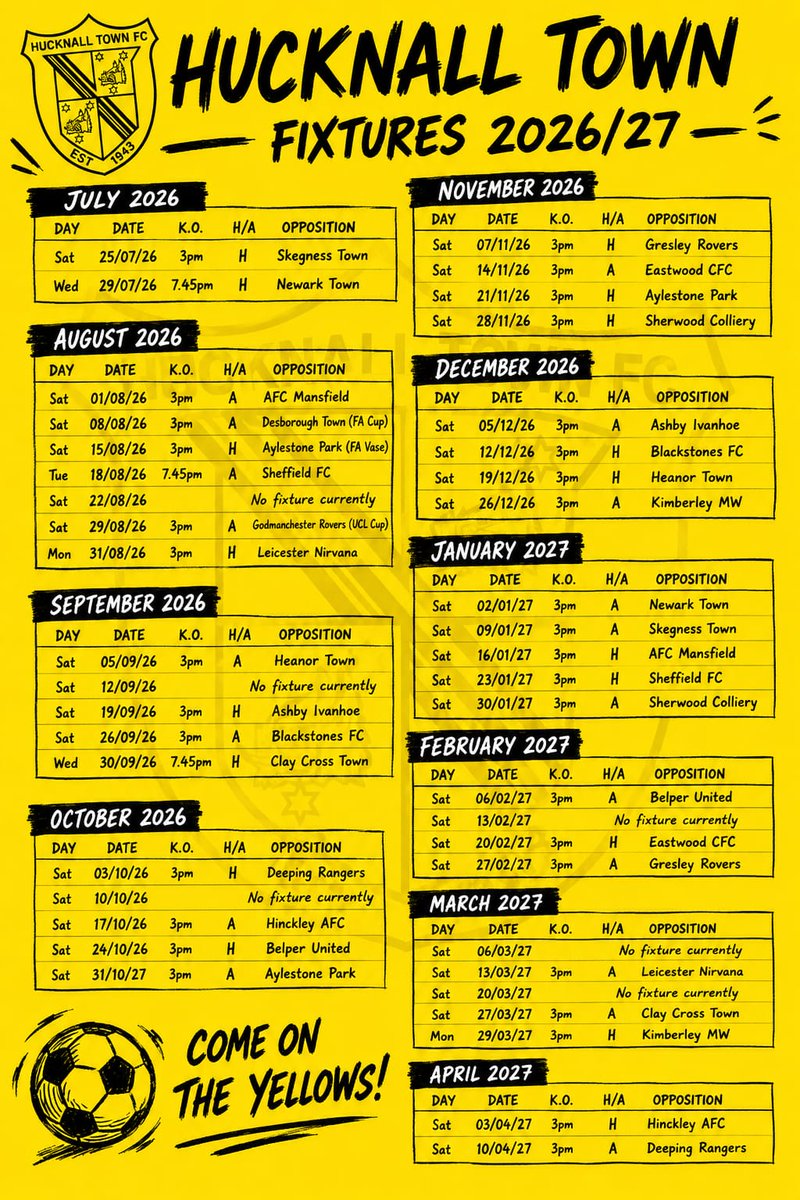 HucknallTownFc's tweet photo. Our fixtures for the 2026/27 season have now been confirmed.

With league, cup and local derby action to look forward to, supporters can begin planning their season both home and away as the Yellows prepare for another campaign at the RM Stadium and beyond.

Take a look through our month-by-month fixture guide and let us know which matches you are most looking forward to.

🟡⚫ #COYY #YourClubInTheCommunity

https://t.co/nnyPW1jFiP