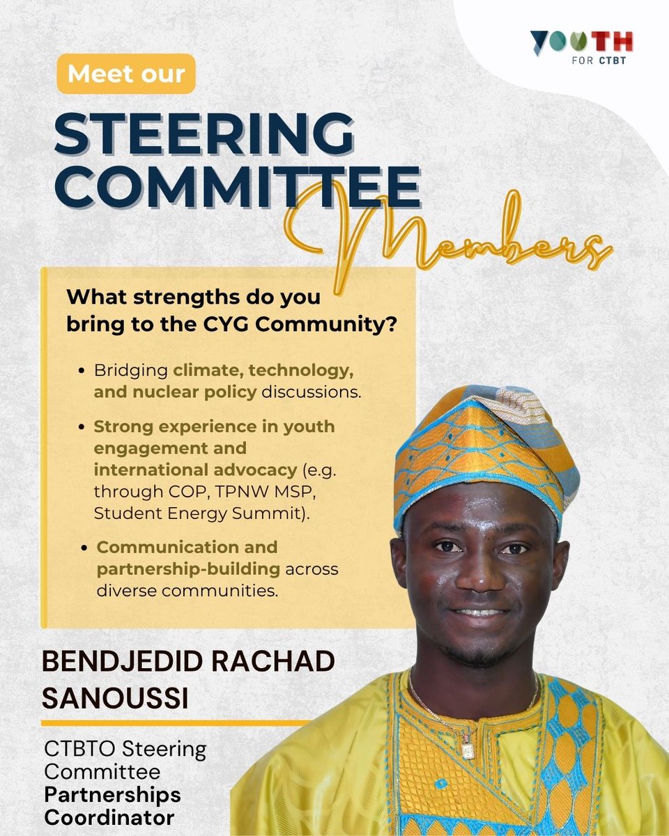 Youth4CTBT's tweet photo. The series isn't over just yet ✨We are excited to introduce another member of the new CYG Steering Committee!

Bendjedid Rachad Sanoussi has been appointed as CYG's Partnerships Coordinator! 🇧🇯

Wishing you every success @rachadsanoussi! 🍀 https://t.co/LYLcGQj4aH