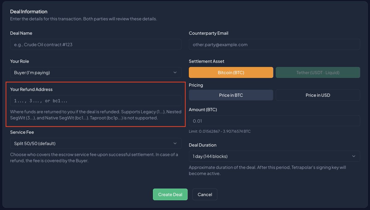 TetrapolarHQ's tweet photo. We have reduced the number of steps that Buyer and Seller have to take to fund the deal from 3 to 1: deal creation and acceptance now include payout/refund address forms. As soon as the deal is accepted, it can be funded right away. No extra steps. https://t.co/FJfdlSjQkA
