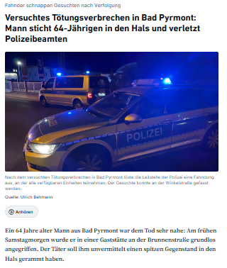 Taykra's tweet photo. Bad Pyrmont: Polizeibekannter Mann rammt 64-Jährigen unvermittelt ein Messer in den Hals - Not-OP. 
Der 24-Jährige habe zunächst „wahllos mehrere Gäste in einer Gaststätte angepöbelt.“
Bei seiner Festnahme trat er einem Polizisten gegen den Kopf. https://t.co/1W75ybSWXt