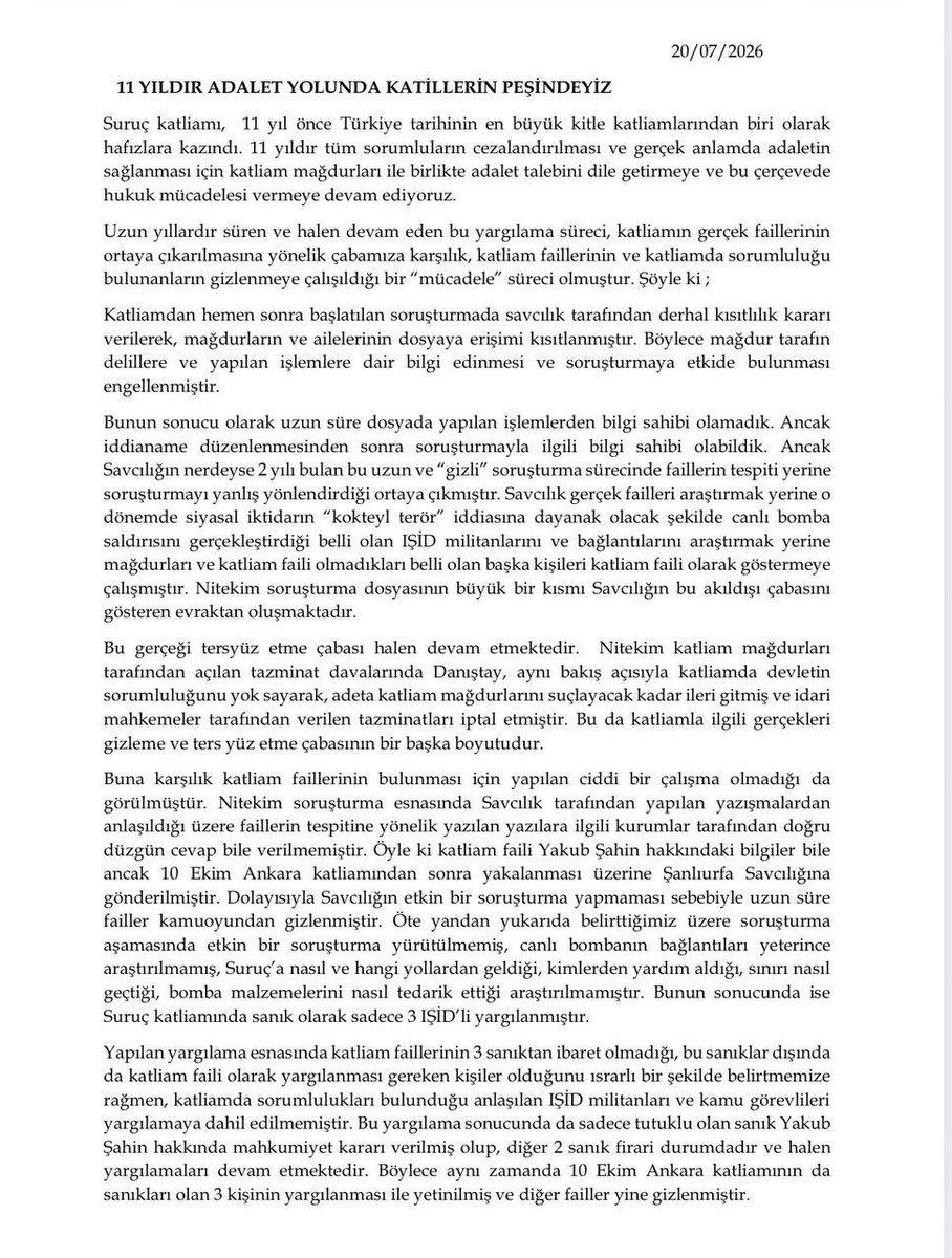 Surucicinadalet's tweet photo. 🟠Suruç katliamının 11. yılında Suruç için adalet platformu olarak katliam davası ve adalet mücadelesine dair açıklamamızdır. https://t.co/wBPqPcdJdM