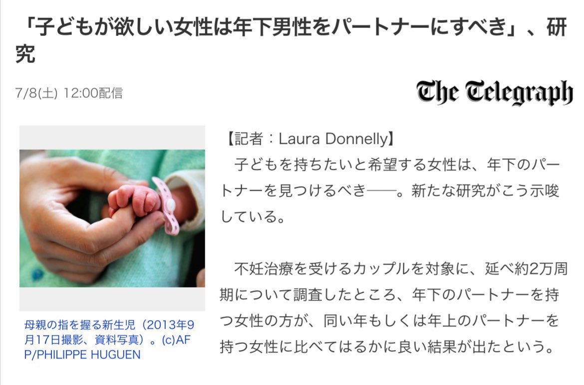 females_db_park's tweet photo. これは本当の話で、もう一つ言えば高齢精子と若い卵子の掛け合わせでは出産に至る割合は大幅に低くなるが、一方高齢卵子は若い精子で活性化されるという

さらに高齢精子では妊娠糖尿病や子癇前症など、母体への様々なリスクが増加

約10年前にはすでに「子が欲しい女性は年下男性を」と示唆されていた https://t.co/hmUrLDXt0k