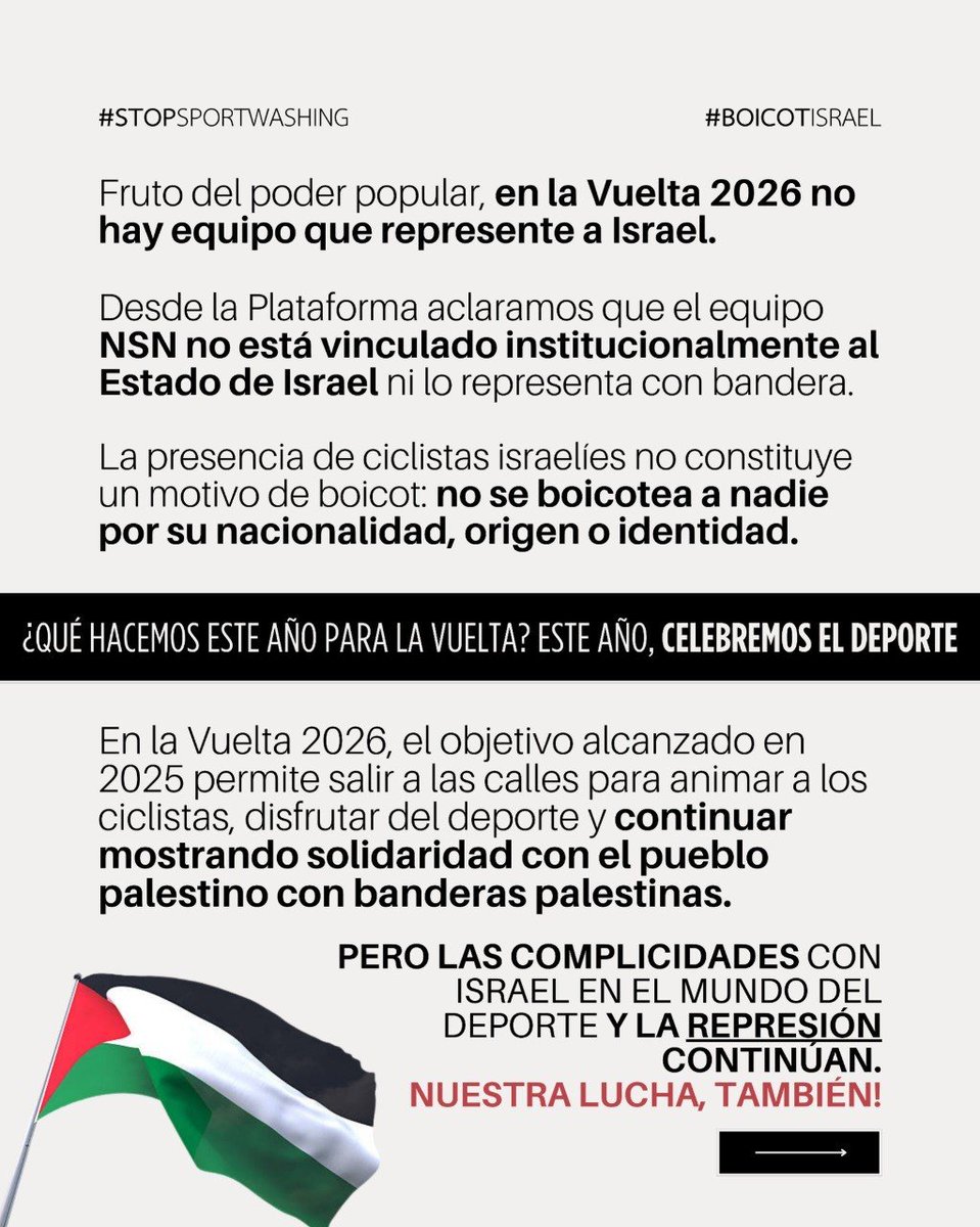 BDSMadrid's tweet photo. Por genocida, fuera Israel de la Vuelta.
🚵🚴 Las acciones promovidas siempre son un apoyo al pueblo palestino y de resistencia civil no violenta contra las políticas criminales de Israel.
✊ La desaparición del Israel Premier Tech es la primera gran victoria de la Plataforma
🧵 https://t.co/jyyZ0oMSuK