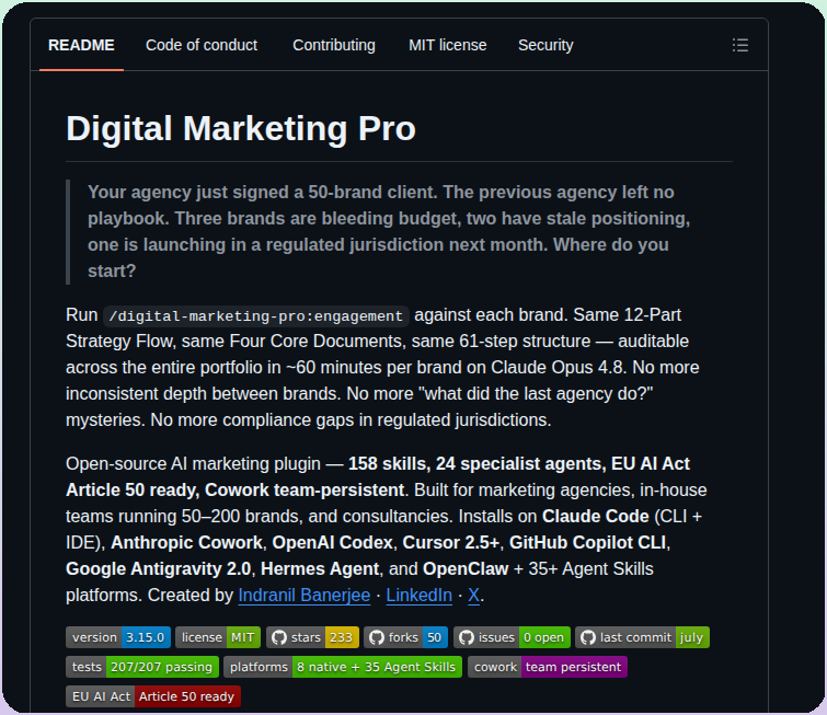 Digital Marketing Pro는 158개의 기술과 24개의 전문 에이전트를 갖춘 오픈 소스 AI 마케팅 플러그인으로, Claude 대표 이미지