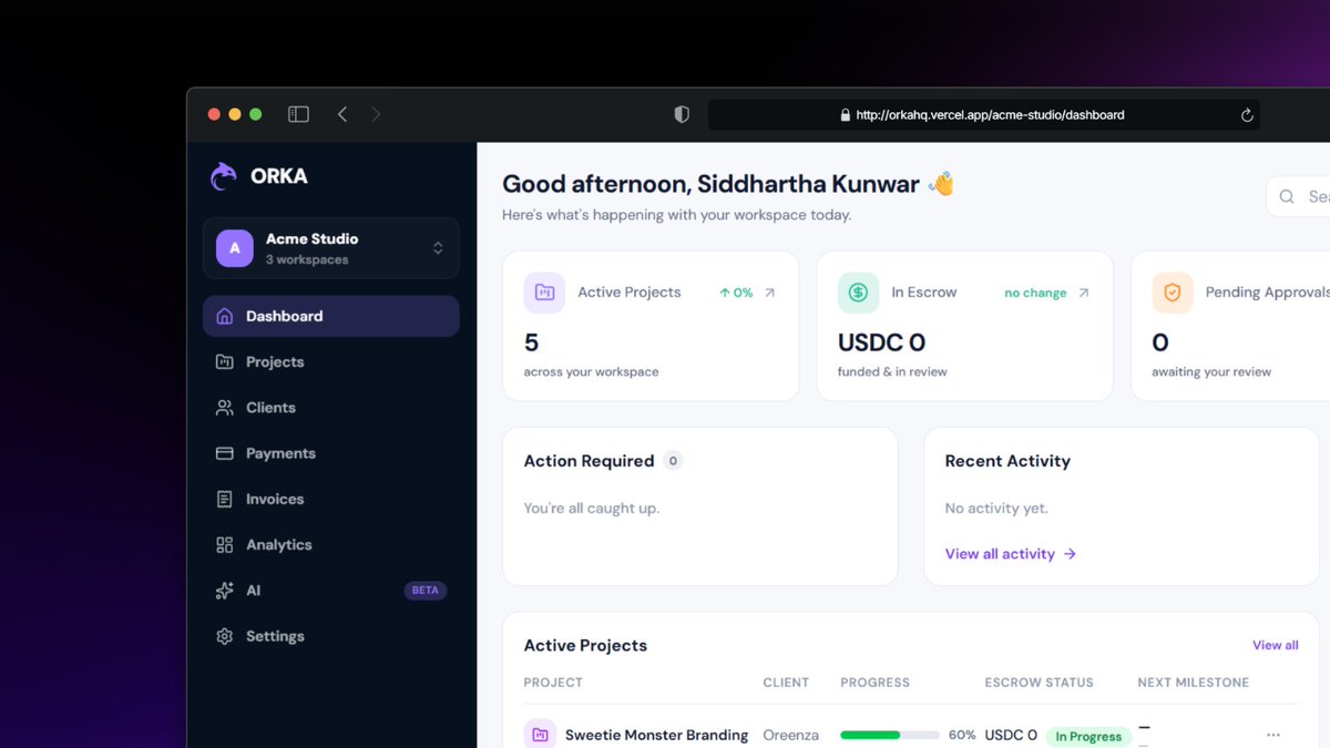 get_orka's tweet photo. Imagine opening one dashboard...

and knowing your proposals, milestones, payments, files and projects are all in sync.

That's the experience we're building with Orka.
@DebanjannnYaps @thebhupii  @SahityaRoy07  @StellarOrg  @riseinweb3 
Here's a first look. 👇 https://t.co/QFXRJ0TVAx