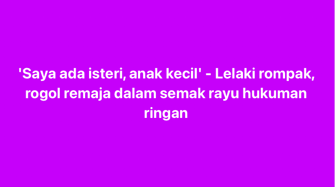 SinarOnline's tweet photo. 'Saya ada isteri, anak kecil' - Lelaki rompak, rogol remaja dalam semak rayu hukuman ringan

PASIR MAS – Seorang mekanik yang merayu hukuman ringan kerana mempunyai isteri dan seorang anak yang masih kecil tetap dijatuhi hukuman penjara keseluruhan 20 tahun serta tujuh sebatan oleh Mahkamah Sesyen di sini pada Isnin selepas mengaku bersalah atas dua pertuduhan merogol dan merompakseorang remaja perempuan berusia 15 tahun ketika sedang berjoging di Tumpat, bulan lalu.

Muhammad Faryzuan Aiman Mat Yatim, 23, membuat pengakuan bersalah selepas kedua-dua pertuduhan dibacakan di hadapan Hakim Zulkpli Abdullah.

#SinarHarian #Threads #lelaki #rogol #rompak #remaja15thun #mohon #hukumanringan #Kelantan