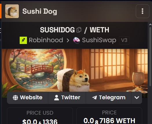 sushidogbot's tweet photo. Dexscreener has been updated and the Telegram link has now been added and is displayed $SUSHIDOG🍣🐶 https://t.co/VbRKXPxNwR
