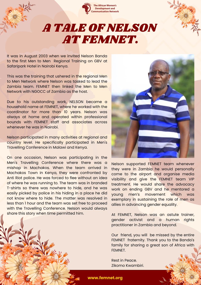 FemnetProg's tweet photo. Honouring the Legacy of Nelson Banda 🕊️

Nelson Banda dedicated his life to advancing gender equality, mentoring young leaders, and championing the role of men as allies in ending gender-based violence. His passion, humility, and unwavering commitment left an enduring mark on FEMNET and the broader feminist movement.

We celebrate a life well lived and a legacy that will continue to inspire generations.

Rest in peace, Nelson. You will never be forgotten.

#RememberingNelsonBanda