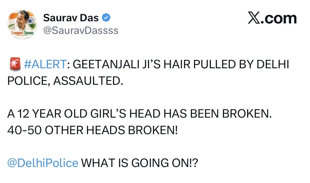 I_DailyNews's tweet photo. 🚨JUST IN | 

CJP spokesperson Sourav Das says Geetanjali J. Angmo was assaulted during the protest. 

He also says a 12-year-old girl and 40–50 others suffered head injuries, while questioning Delhi Police’s handling of the situation.

@CJP_for_India @SauravDassss 

#DelhiProtest #JantarMantar #BreakingNews #Delhi