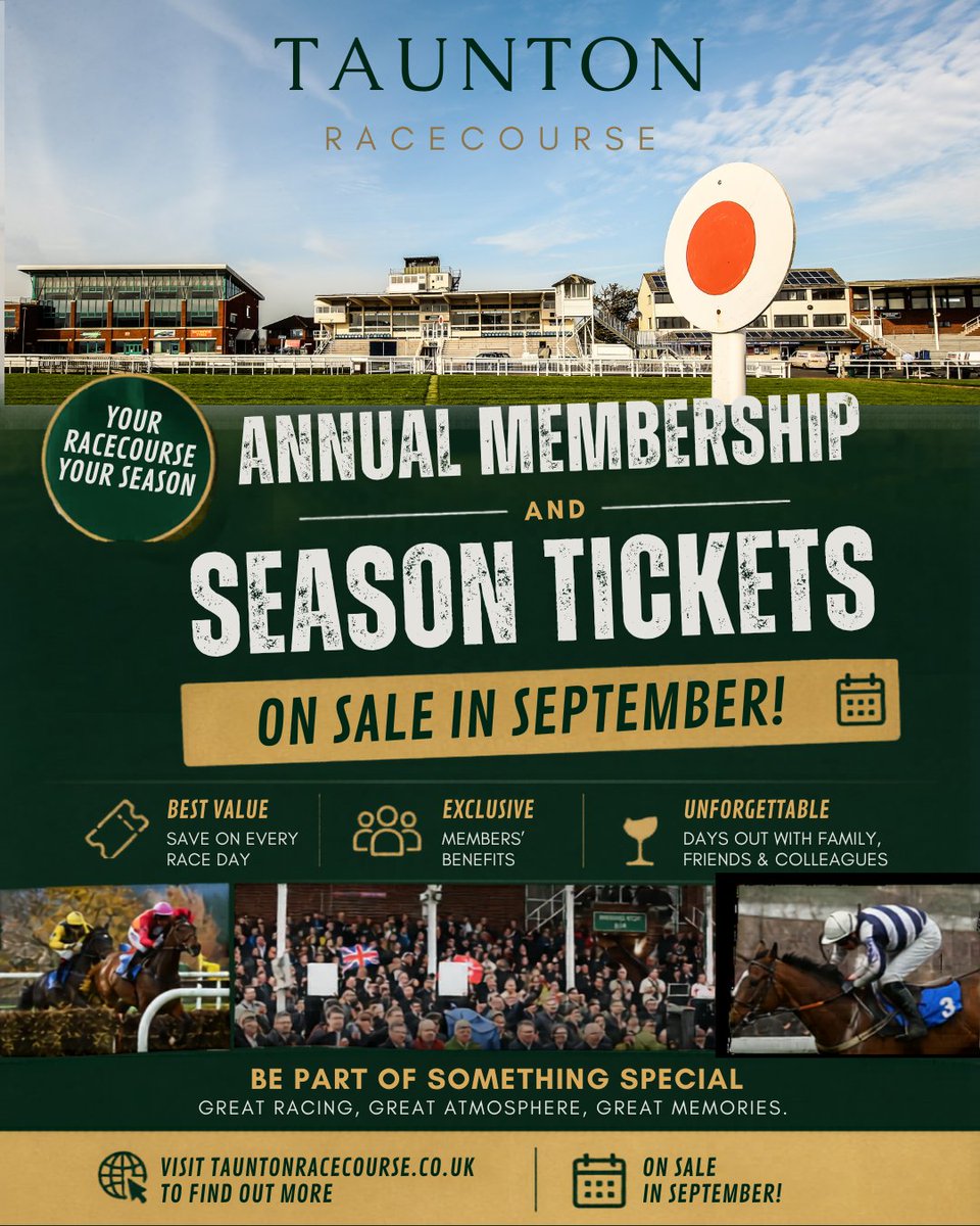 TauntonRacing's tweet photo. 🏇 Annual Membership &amp; Season Tickets to go on sale in September!
#tauntonracing #bestvalue #theplacetobe https://t.co/voMfCkqTeg