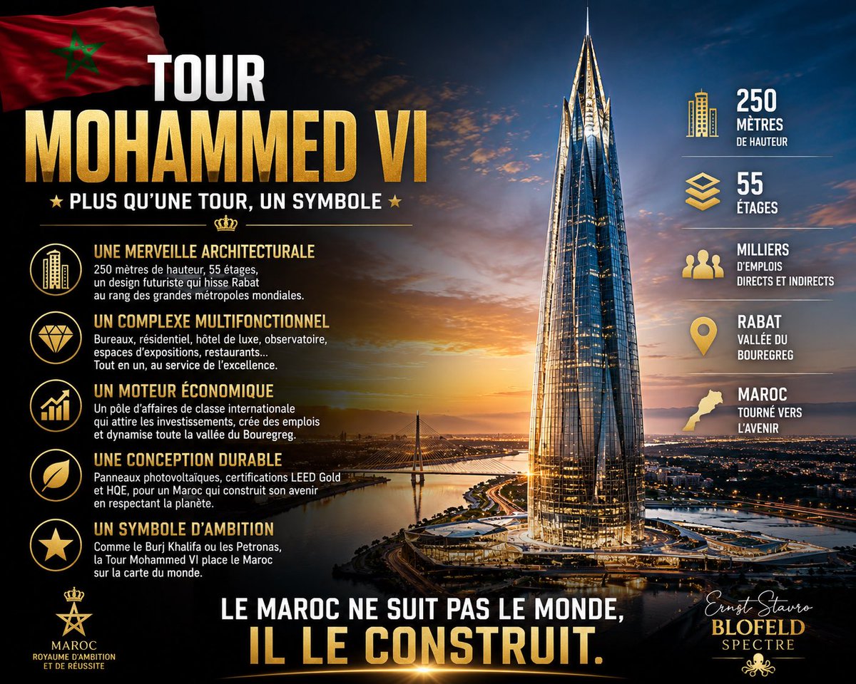Spectre_Analyse's tweet photo. 🚀 Fierté marocaine !
La Tour Mohammed VI, la plus haute d’Afrique (250m, 55 étages), illumine désormais le ciel de Rabat.
Symbole d’innovation, de durabilité (LEED Gold & HQE) et d’ambition sous la vision de Sa Majesté le Roi Mohammed VI : hôtel Waldorf Astoria, observatoire panoramique, bureaux & résidences d’exception.
Le Maroc qui s’élève vers l’avenir ! 
🇲🇦✨
#TourMohammedVI #Rabat #Maroc