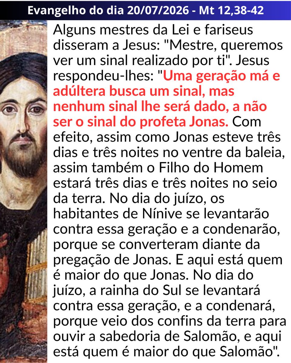 hugogoes's tweet photo. O sinal que o mundo precisa não é um espetáculo, mas um coração arrependido. 🕊️
No Evangelho de hoje (Mt 12,38-42), Jesus nos lembra que a geração má busca sinais extraordinários, mas esquece o maior de todos: a misericórdia e a conversão. https://t.co/gYUDqpZ25l