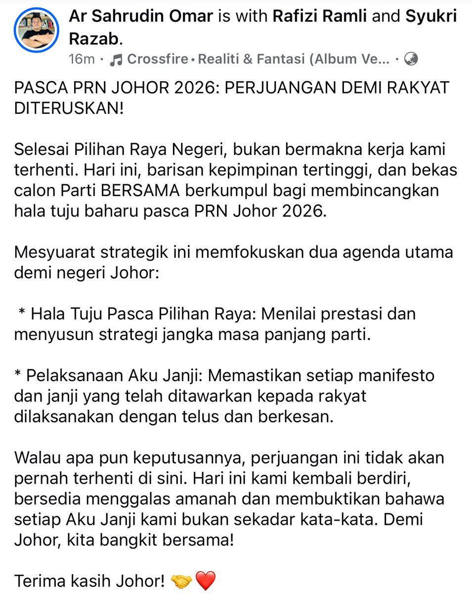 omar_sahrudin's tweet photo. PASCA PRN JOHOR 2026: PERJUANGAN DEMI RAKYAT BERTERUSAN!
#PartiBERSAMA #PRNJohor2026 #PascaPRN #AkuJanjiMestiDitepati #HalaTujuParti #DemiJohor #KhidmatRakyat https://t.co/QyrGkPcWx5