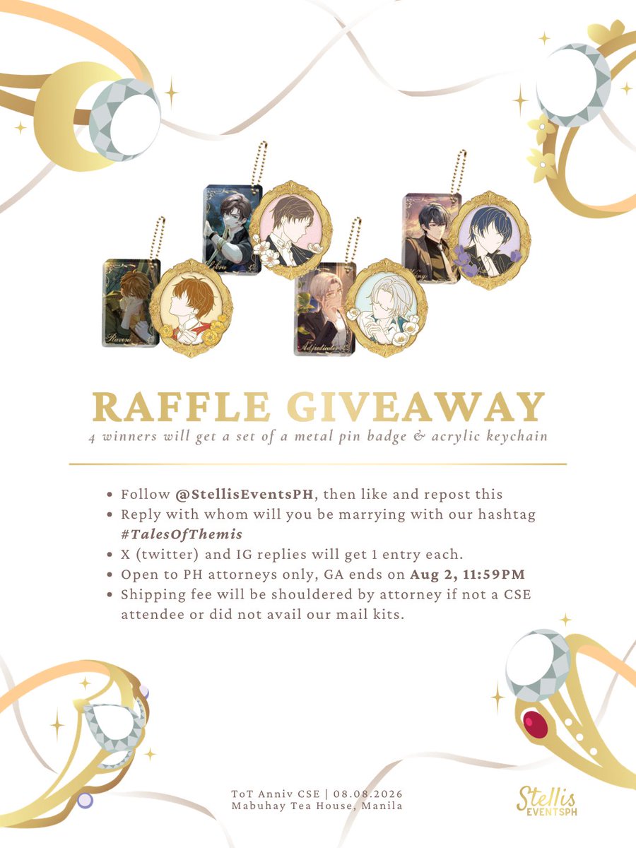 stelliseventsph's tweet photo. 💐💍 Raffle Giveaway 🕊️✨

Get a chance to take home these tokens to commemorate your special day. Join this raffle giveaway before it ends on Aug 2, 11:59PM ✨

#TalesOfThemis #ToTCSE2026 https://t.co/U0cuaQm3X6